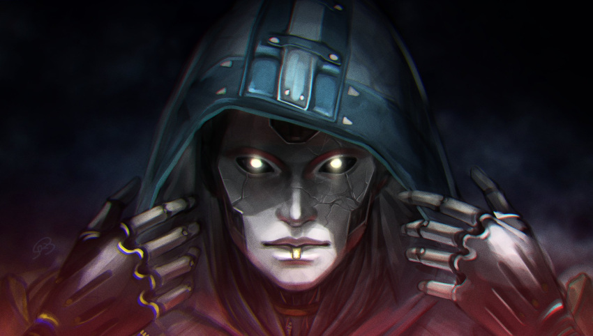 1girl android apex_legends ash_(titanfall_2) black_background black_sclera bossan_3310 colored_sclera glowing glowing_eyes highres hood hood_up looking_at_viewer no_humans portrait science_fiction simulacrum_(titanfall) solo white_eyes