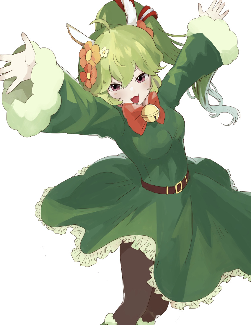 :3 absurdres ahoge alpaca_ears alternate_costume animal_ears bangs bell belt brown_eyes brown_legwear crossed_bangs dress flower green_dress green_hair guardian_tales hair_flower hair_ornament hands_up highres kagikakko_t mayreel_(guardian_tales) open_mouth ponytail red_ribbon ribbon smile white_background