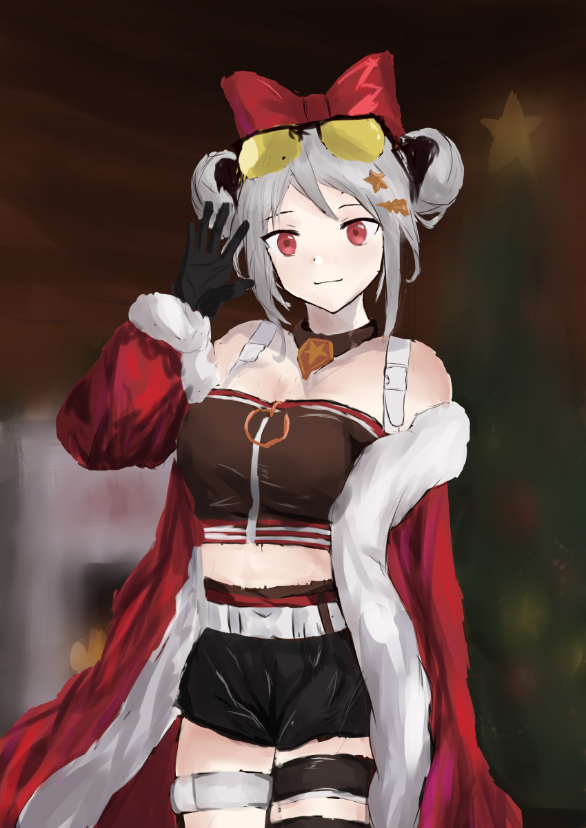 1girl absurdres arm_up bangs black_gloves black_shorts bow breasts brown_tank_top christmas cloak cloak_pull closed_mouth double_bun eyebrows_visible_through_hair eyewear_on_head feet_out_of_frame girls_frontline gloves grey_hair hair_bow hair_ornament hairclip highres long_hair looking_at_viewer medium_breasts merry_christmas official_alternate_costume p90_(girls'_frontline) p90_(scarlet_turbo)_(girls'_frontline) red_bow red_cloak red_eyes santa_costume shorts simple_background smile solo standing suspenders tank_top wh1te