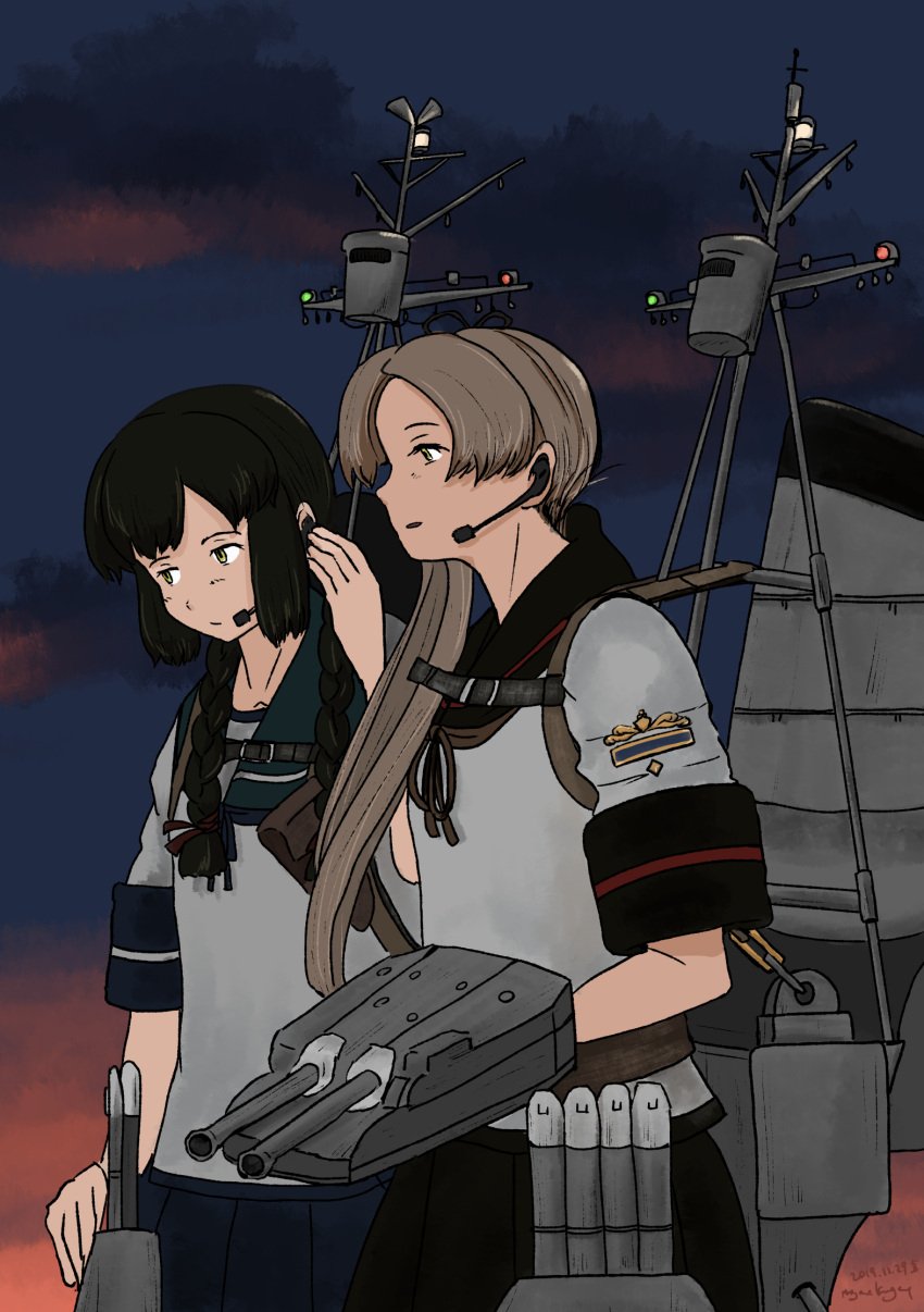 ayanami_(kancolle) belt black_hair black_sailor_collar black_skirt blue_sailor_collar blue_skirt braid brown_hair clouds commentary_request evening hair_over_shoulder highres isonami_(kancolle) kantai_collection kuragare long_hair machinery microphone pleated_skirt rigging sailor_collar school_uniform serafuku side_ponytail sidelocks skirt sky torpedo_launcher turret twin_braids