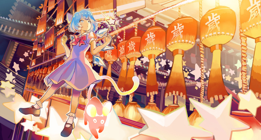 1girl black_footwear blue_dress blue_eyes blue_hair bow bowtie cirno closed_mouth commentary dress full_body highres ice ice_wings lantern mary_janes midair new_year noco_(pixiv14976070) paper_lantern red_bow red_bowtie shoes short_hair short_sleeves socks solo star_(symbol) touhou white_legwear wings