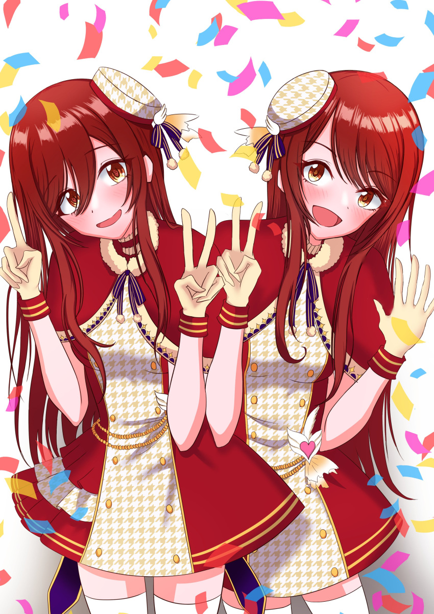2girls bangs beret blush bow brown_eyes brown_hair capelet christmas closed_mouth commentary_request dress eyebrows_visible_through_hair gloves hair_between_eyes hat houndstooth hug idolmaster idolmaster_shiny_colors long_hair multiple_girls omiakasi oosaki_amana oosaki_tenka open_mouth plaid plaid_bow print_headwear red_capelet red_dress siblings sisters sitting smile snowflakes thigh-highs tilted_headwear v very_long_hair white_gloves white_legwear