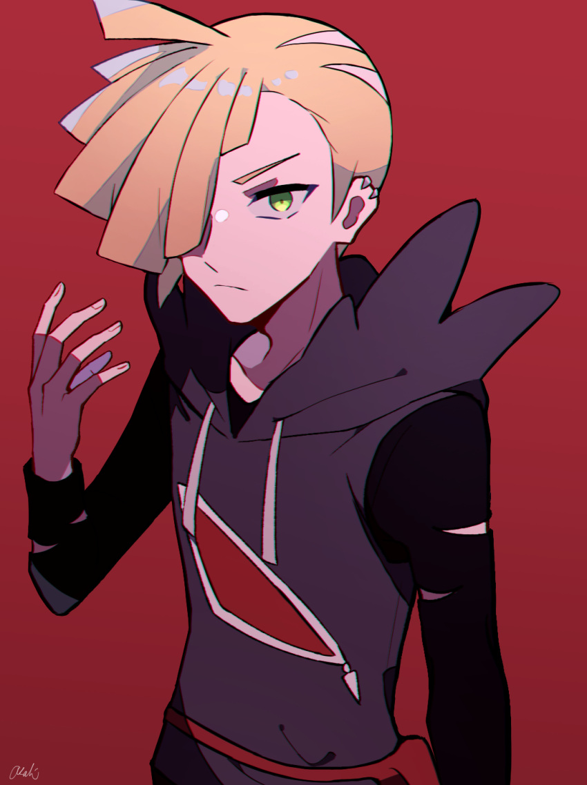 1boy ahoge bangs blonde_hair closed_mouth ear_piercing frown gladion_(pokemon) green_eyes hair_over_one_eye highres hood hood_down hoodie long_sleeves male_focus piercing pokemon pokemon_(game) pokemon_sm red_background short_hair simple_background solo tere_asahi torn_clothes