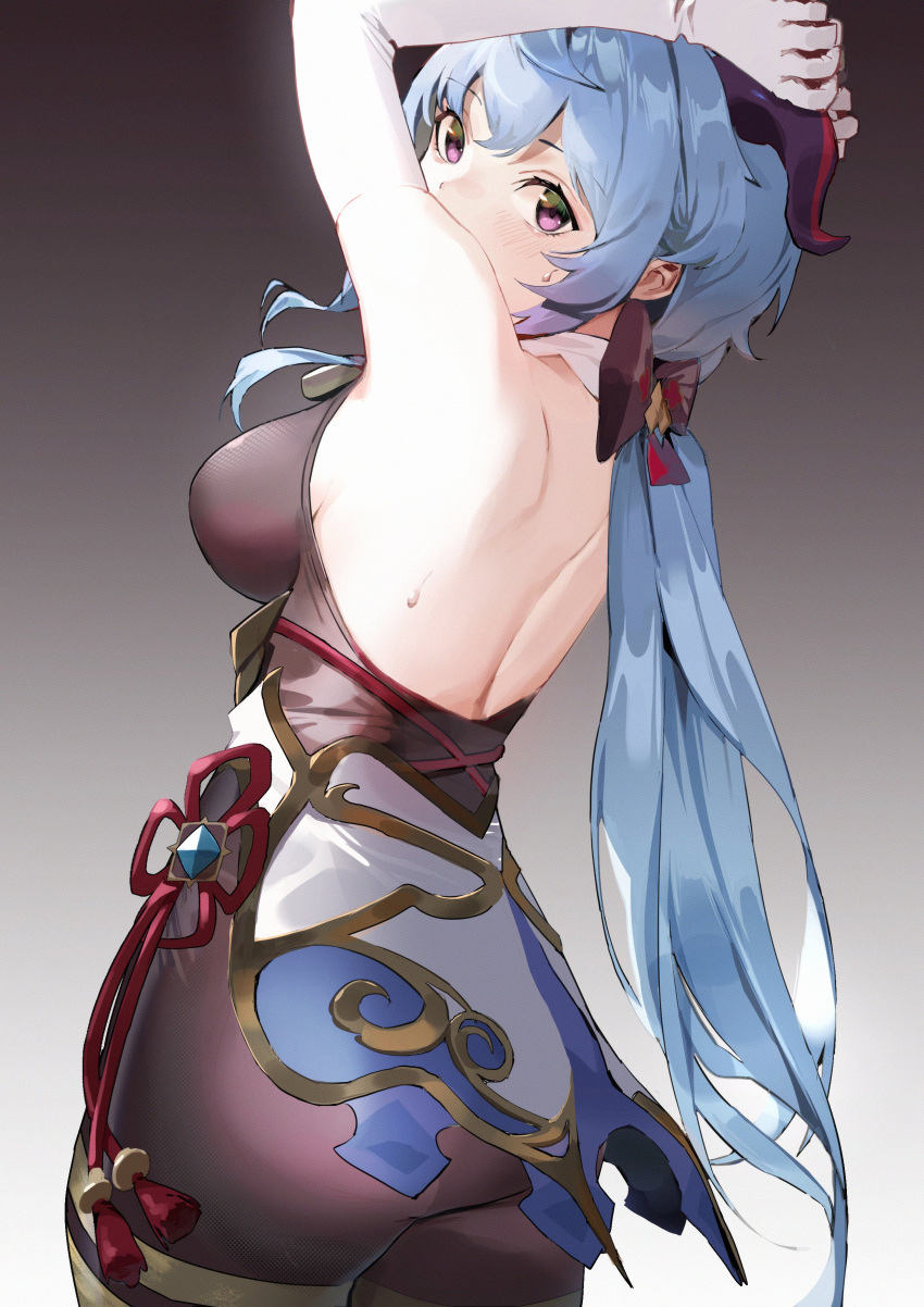 absurdres armpits arms_up ass back backless_outfit bell black_legwear blue_hair blush bow breasts chinese_knot elbow_gloves eyebrows_visible_through_hair flower_knot from_behind ganyu_(genshin_impact) genshin_impact gloves gold_trim highres horns kawa683 long_hair looking_at_viewer low_ponytail medium_breasts sideboob sleeveless solo standing sweat tassel thighlet violet_eyes vision_(genshin_impact) waist_cape white_gloves