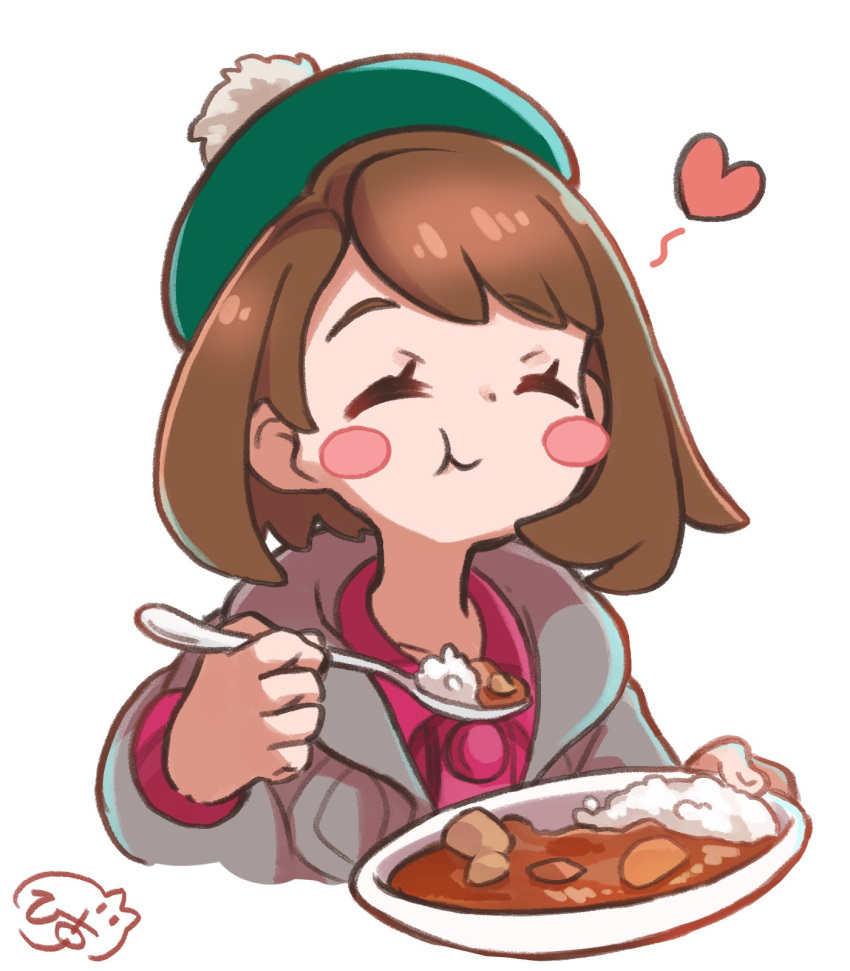 1girl :t blush_stickers bob_cut bowl brown_hair buttons cardigan closed_eyes closed_mouth collarbone collared_dress commentary_request curry dress eating eyelashes food gloria_(pokemon) green_headwear grey_cardigan happy hat heart highres hiisu_(s-1104-d) holding holding_bowl holding_spoon hooded_cardigan pink_dress pokemon pokemon_(game) pokemon_swsh rice short_hair signature smile solo spoon tam_o'_shanter