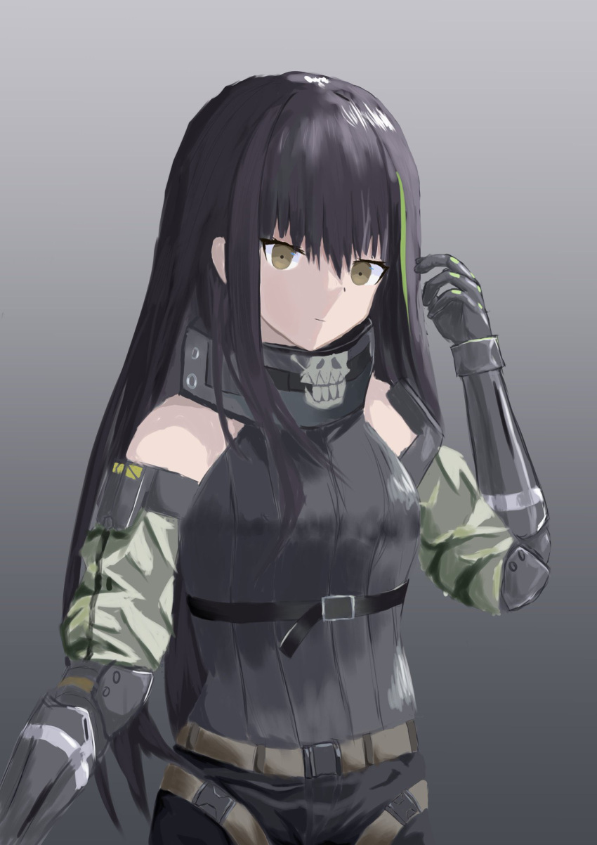 1girl arm_up bangs black_gloves black_hair black_scarf black_sweater_vest brown_eyes closed_mouth elbow_gloves expressionless eyebrows_visible_through_hair feet_out_of_frame girls_frontline gloves grey_background highres long_hair looking_at_viewer m4a1_(girls'_frontline) multicolored_hair scarf solo standing sweater_vest upper_body wh1te