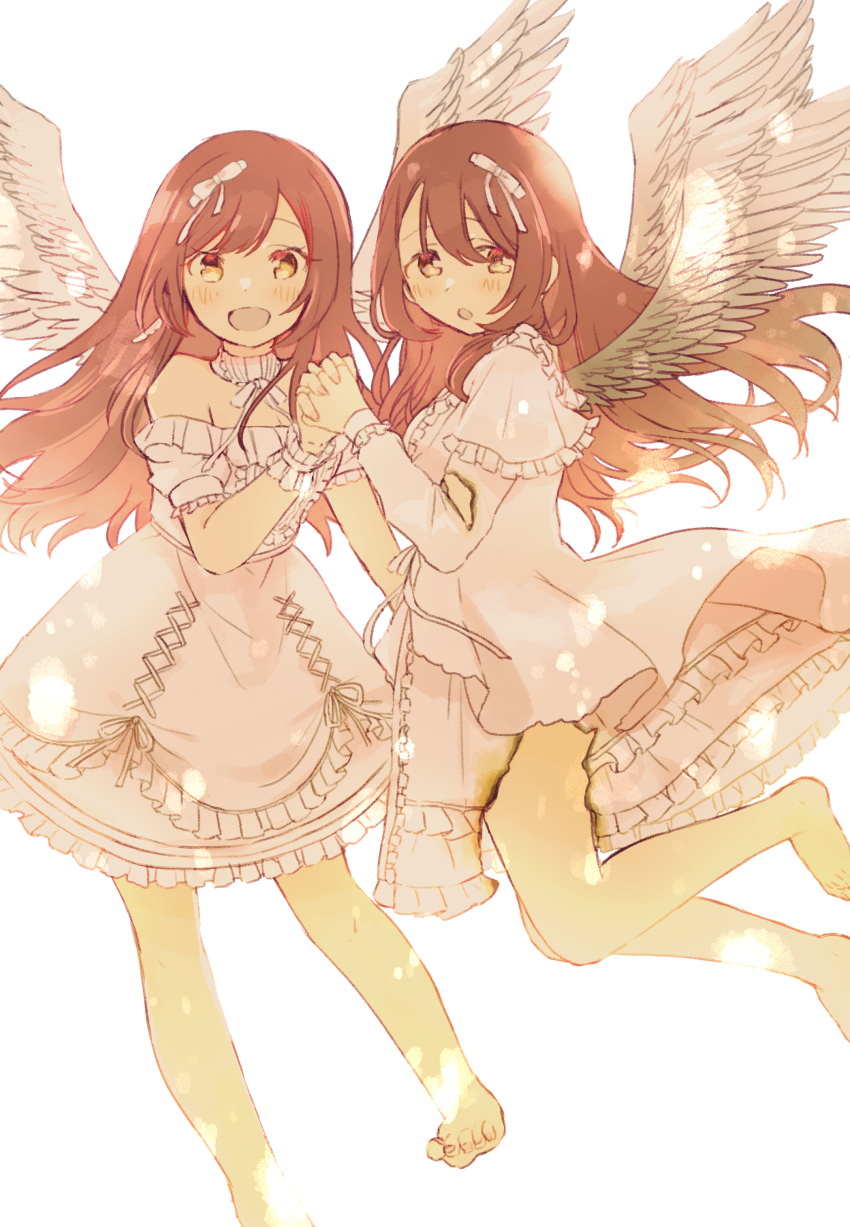 2girls angel angel_wings arm_support black_cat black_vs_white black_wings blush boots bow candle cat commentary_request crash_landing feathered_wings flower frilled_skirt frills hair_flower hair_ornament holding_candle idolmaster idolmaster_shiny_colors kneehighs looking_at_another multiple_girls oosaki_amana oosaki_tenka orimoto shawl siblings sisters sitting sketch skirt standing sweatdrop twins white_wings