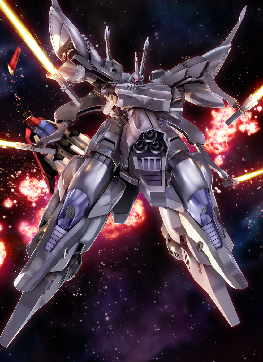 beam_saber commentary_request damaged energy_sword explosion extra_arms glowing glowing_eye gundam highres looking_at_viewer mecha mobile_suit no_humans one-eyed pink_eyes sd_gundam_g-generation space star_(sky) sword titania_(mobile_suit) weapon zb zeta_gundam zeta_gundam_(mobile_suit)