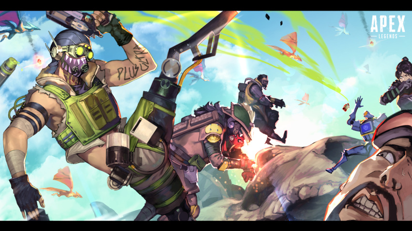 1girl 1non-binary 4boys animal_skull apex_legends b3_wingman black_bodysuit black_hair bloodhound_(apex_legends) bodysuit breasts brown_jacket caustic_(apex_legends) cropped_vest facial_hair goggles goggles_on_head green_vest grey_shorts gun hair_bun handgun helmet highres holding holding_gun holding_weapon humanoid_robot jacket kings_canyon mask mechanical_legs medium_breasts mirage_(apex_legends) mouth_mask multiple_boys mustache octane_(apex_legends) one-eyed pathfinder_(apex_legends) peperon_(peperou) queer r-99_smg red_eyes revolver scared science_fiction shorts submachine_gun trans vest weapon wraith_(apex_legends)