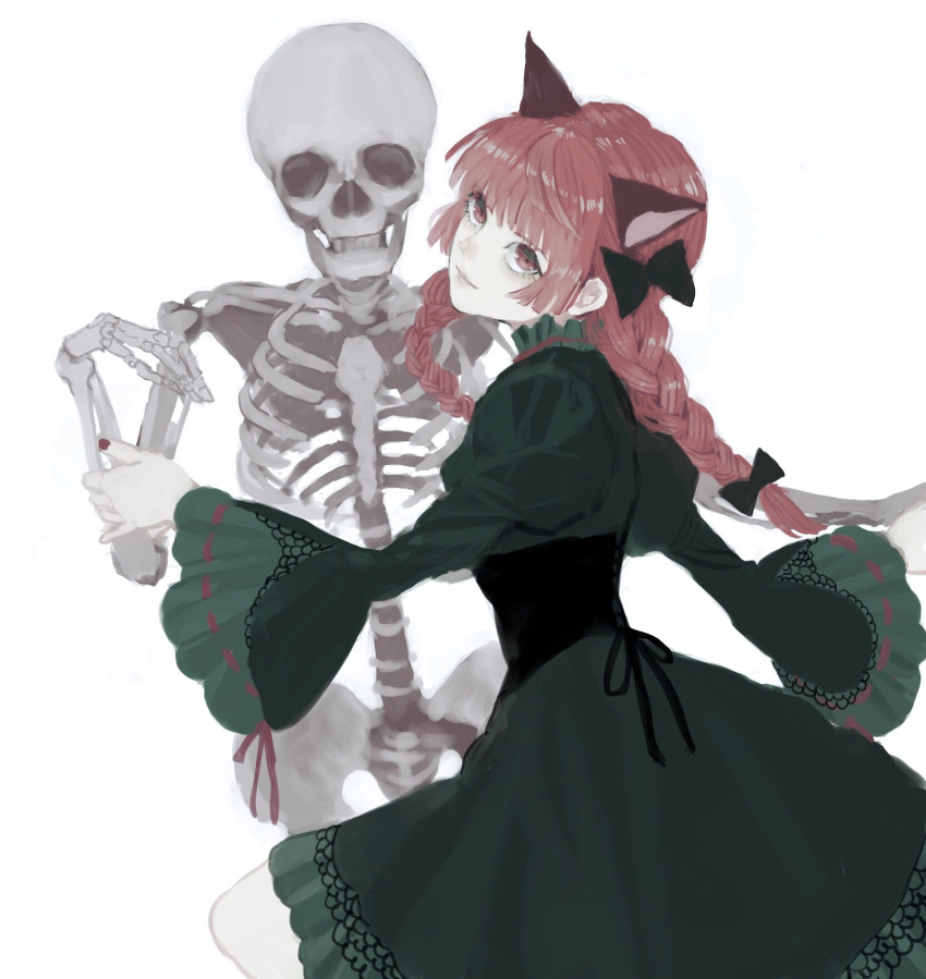 1girl animal_ears black_bow bow braid cat_ears corpse corset dancing dress extra_ears green_dress highres kaenbyou_rin long_hair looking_back nail_polish nanasuou puffy_sleeves red_eyes red_nails redhead skeleton slit_pupils touhou twin_braids white_background