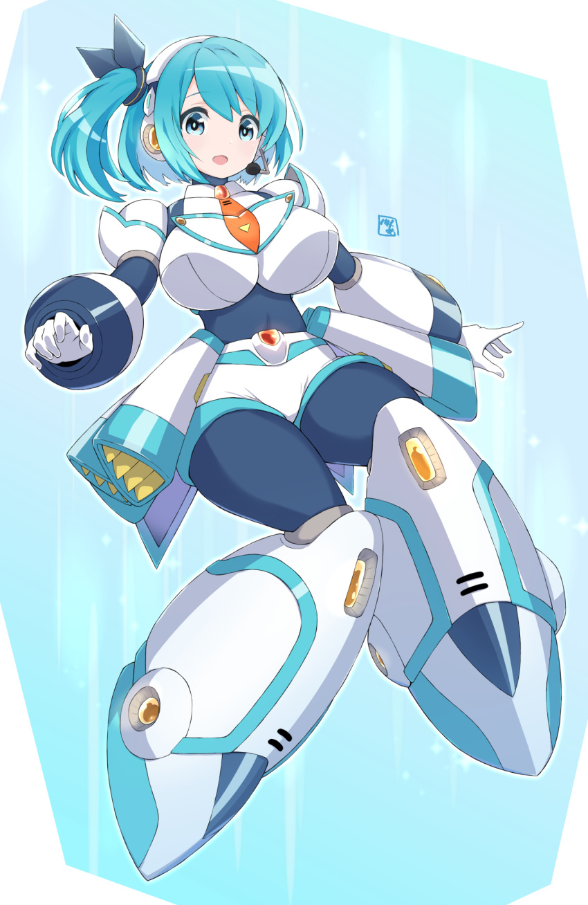 1girl alternate_breast_size android armor bangs bea_(bropmlk) blue_bodysuit blue_eyes blue_hair blush bodysuit breasts eyebrows_visible_through_hair full_body headphones highres huge_breasts long_hair looking_at_viewer mega_man_x_dive navigator open_mouth rico_(mega_man) short_hair shorts side_ponytail signature smile solo