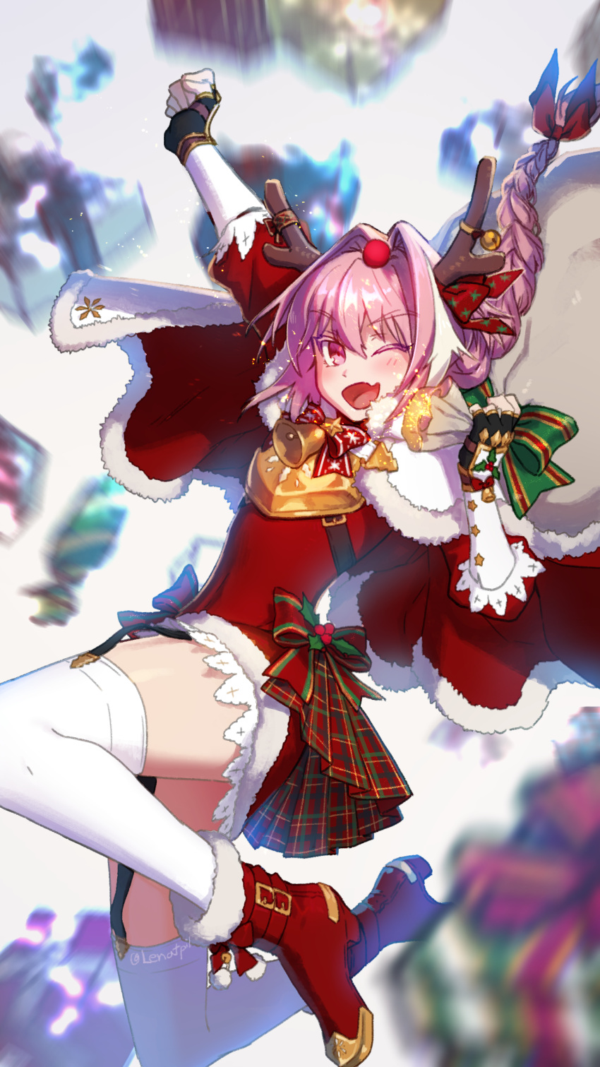 1boy absurdres antlers astolfo_(fate) blush bow braid christmas fate/apocrypha fate/grand_order fate_(series) gloves hair_bow hair_intakes highres long_hair looking_at_viewer male_focus miniskirt multicolored_hair open_mouth otoko_no_ko pink_hair pleated_skirt reindeer_antlers single_braid single_glove skirt smile strapless streaked_hair thigh-highs very_long_hair violet_eyes