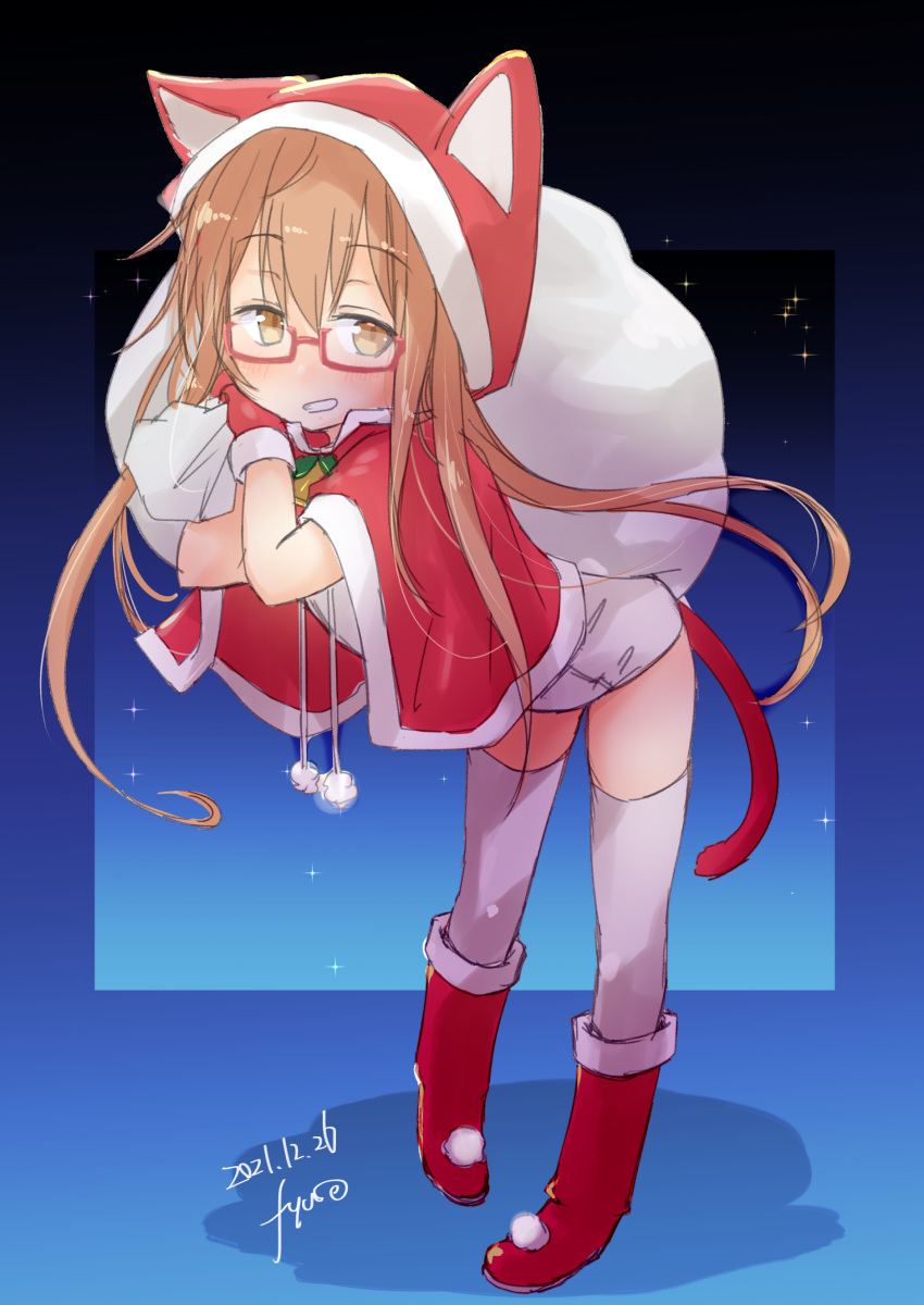 1girl absurdres animal_ears artist_name blush boots brown_eyes brown_hair capelet cat_ears cat_tail christmas dated eyebrows_visible_through_hair full_body fyuo glasses gloves grin hair_between_eyes highres holding holding_sack hood hooded_capelet kantai_collection long_hair mochizuki_(kancolle) red-framed_eyewear red_capelet red_footwear red_gloves sack santa_costume semi-rimless_eyewear signature smile solo tail thigh-highs white_legwear