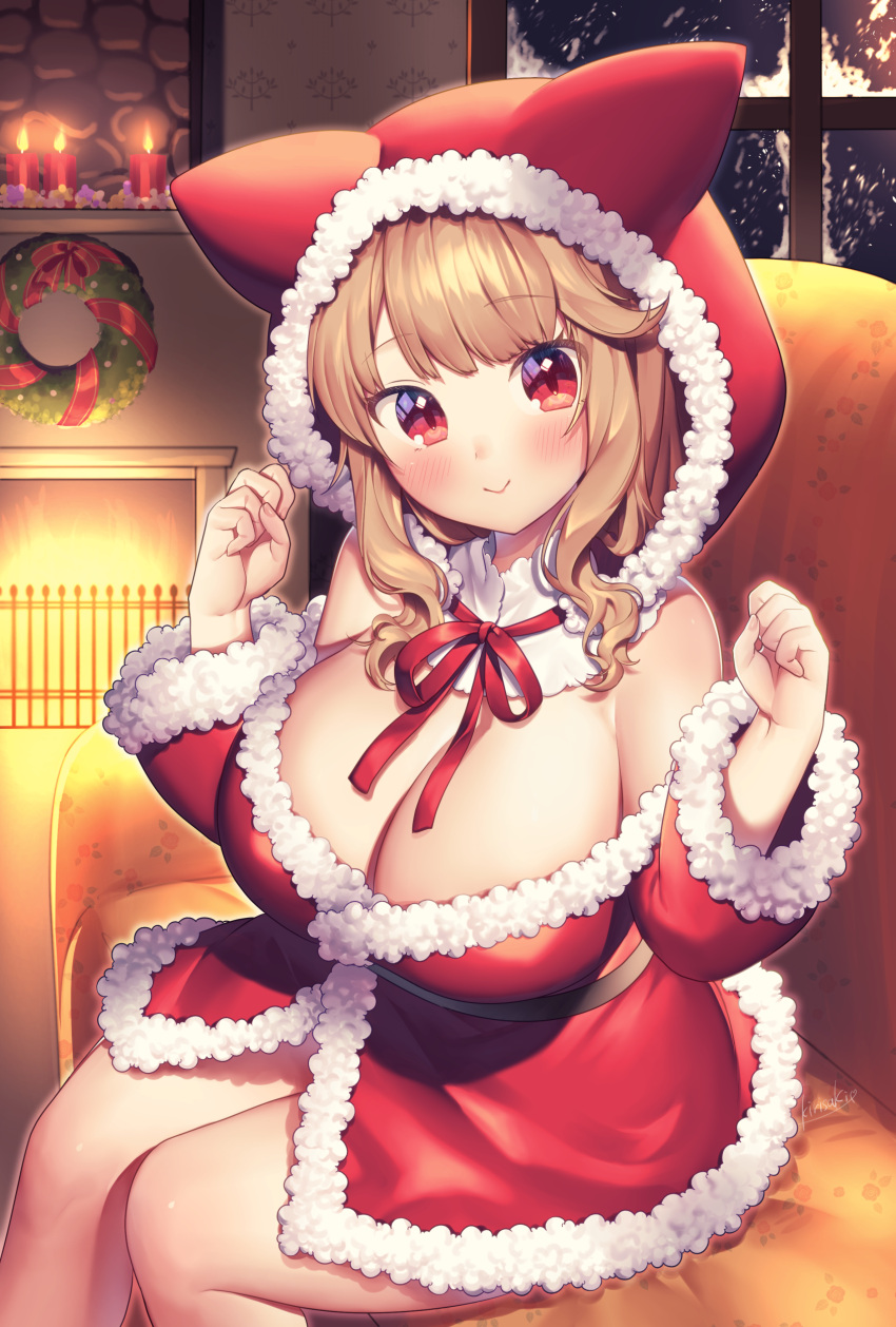 1girl :&gt; absurdres animal_ears bangs bare_shoulders blush bow bowtie breasts brown_hair clenched_hands couch fireplace fur_trim hands_up highres hood huge_breasts indie_virtual_youtuber jacket kirisaki_shuusei komorebi_wanko long_hair looking_at_viewer orange_eyes red_bow red_bowtie red_jacket sitting smile snow solo virtual_youtuber window