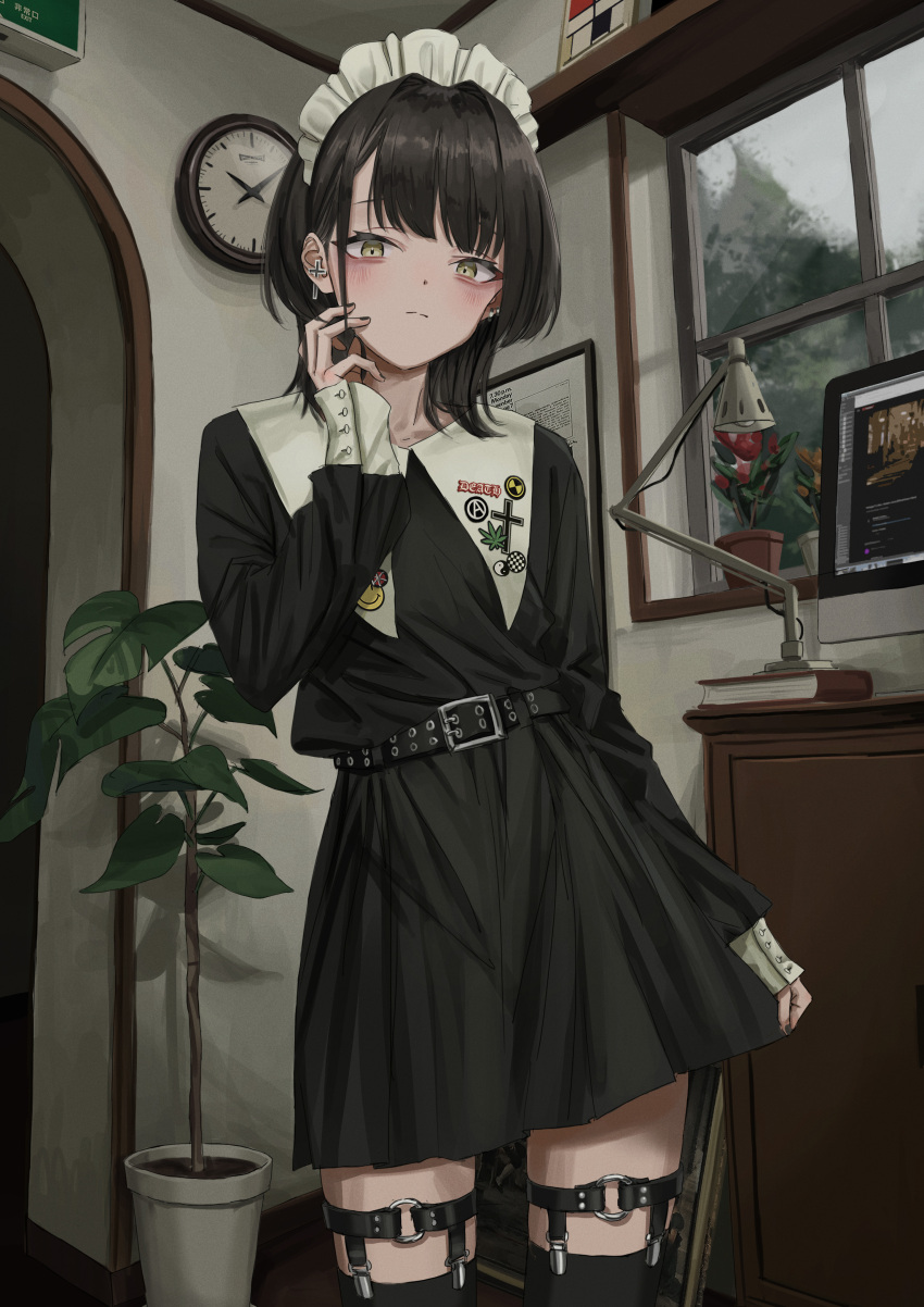 1girl absurdres belt black_belt black_dress black_hair black_legwear black_nails blush clock closed_mouth cross cross_necklace desk_lamp dress fingernails hand_up highres indoors jewelry lamp latin_cross long_sleeves looking_at_viewer maid_headdress medium_hair monitor nadegata necklace o-ring_thigh_strap original plant potted_plant solo standing thigh-highs wall_clock window yellow_eyes