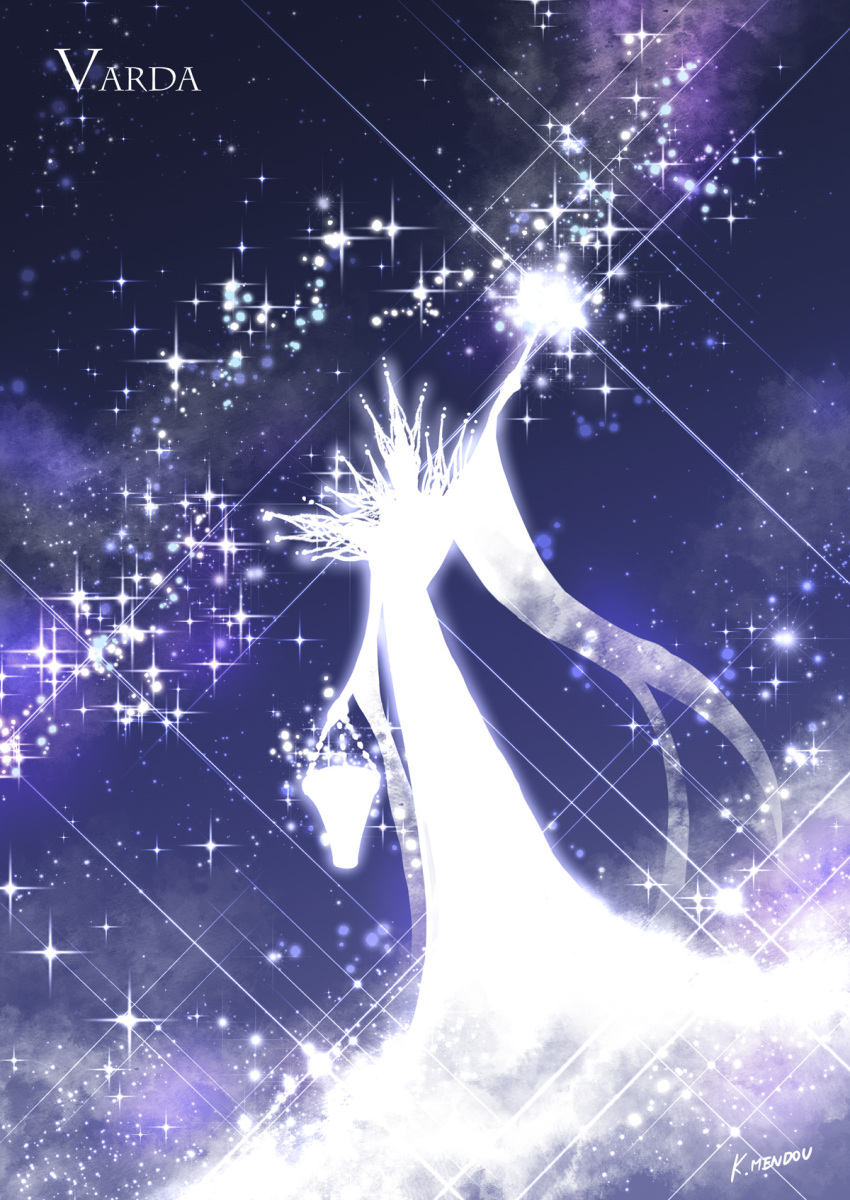 1girl character_name glowing highres kazuki-mendou monochrome purple_theme signature sky solo star_(sky) starry_sky the_silmarillion tolkien's_legendarium varda_(silmarillon)