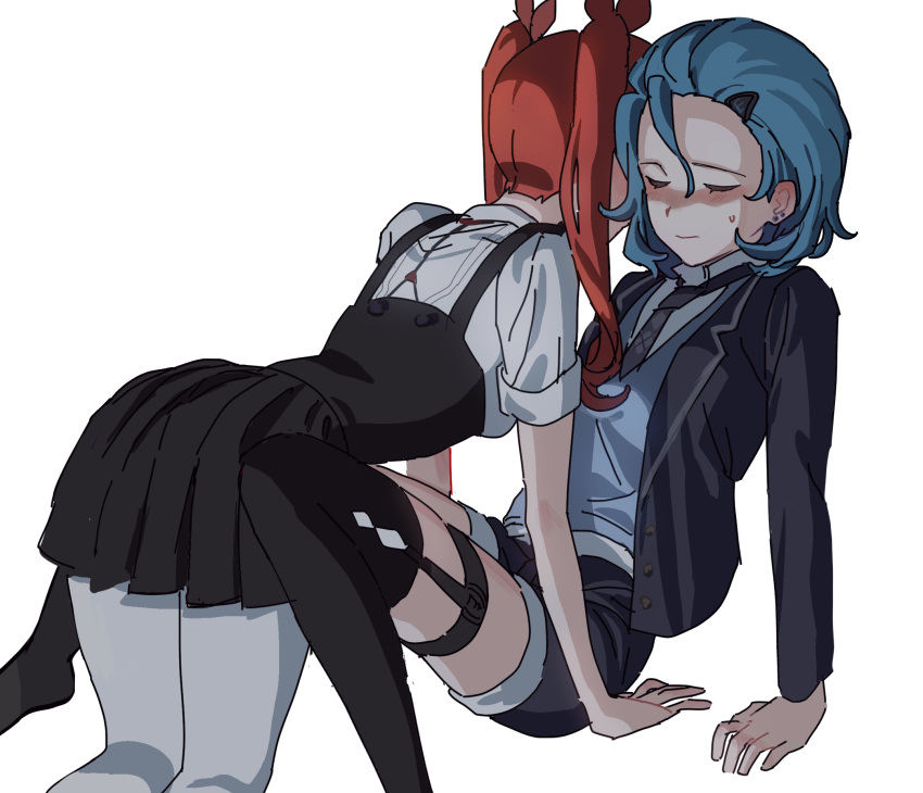 2girls black_jacket black_necktie black_shorts black_skirt blue_hair blue_vest blush closed_eyes closed_mouth forehead frederica_nikola_tesla hair_ornament hair_ribbon hairpin highres hm_mono honkai_(series) honkai_impact_3rd jacket lieserl_albert_einstein long_hair multiple_girls necktie redhead ribbon shirt short_hair shorts simple_background sitting skirt sleeves_rolled_up thigh-highs twintails vest white_background white_legwear white_shirt yuri