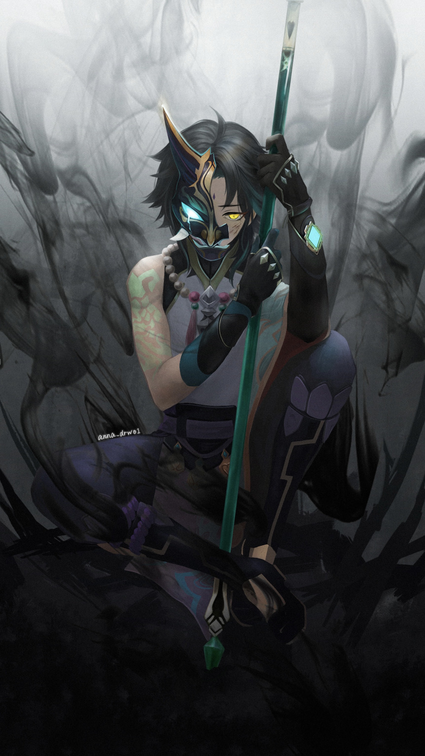 1boy absurdres anna_(drw01) arm_tattoo asymmetrical_clothes bangs bead_necklace beads black_gloves black_hair facial_mark forehead_mark genshin_impact gloves green_hair half_mask highres holding holding_weapon jewelry looking_at_viewer male_focus mask multicolored_hair necklace polearm simple_background sitting solo spear tattoo twitter_username vision_(genshin_impact) weapon xiao_(genshin_impact) yellow_eyes