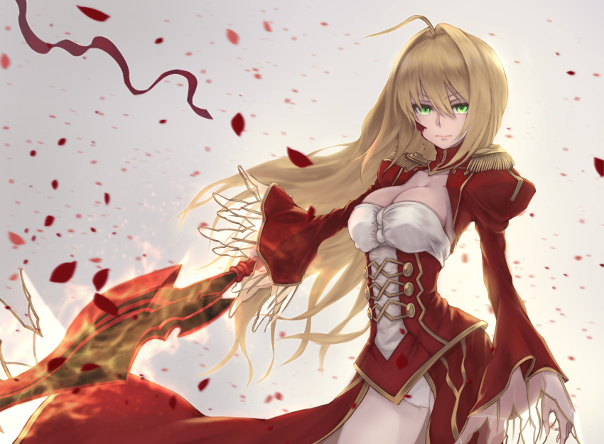 1girl aestus_estus ahoge blonde_hair braid breasts cleavage commentary_request dress epaulettes fate/extra fate_(series) french_braid green_eyes hair_intakes hair_ribbon juliet_sleeves large_breasts long_sleeves nero_claudius_(fate) nero_claudius_(fate)_(all) open_mouth puffy_sleeves red_dress red_ribbon ribbon see-through solo sword weapon wide_sleeves yasu_(pixiv18643150)