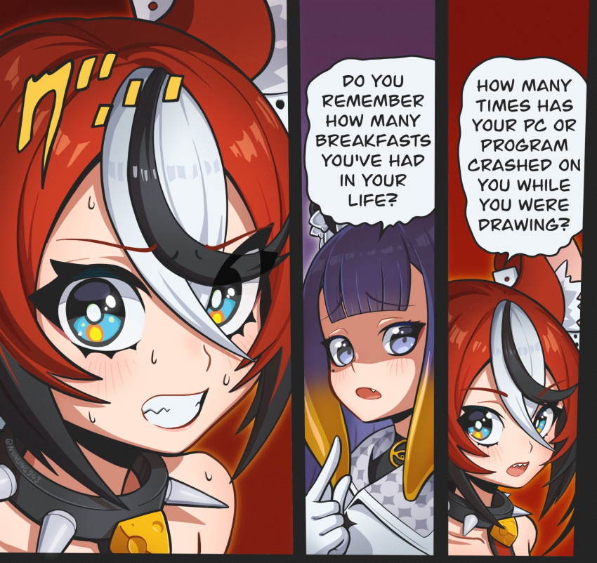 2girls animal_ears blue_eyes blush clenched_teeth collar commentary derivative_work english_commentary english_text fang gloves gradient_hair hakos_baelz highres hololive hololive_english jojo_no_kimyou_na_bouken looking_at_viewer manga_panel_redraw mouse_ears multicolored_hair multiple_girls ninomae_ina'nis nyaring943 official_alternate_costume open_mouth parted_lips phantom_blood purple_hair redhead sharp_teeth spiked_collar spikes streaked_hair teeth tentacle_hair upper_teeth violet_eyes white_gloves white_hair wide-eyed