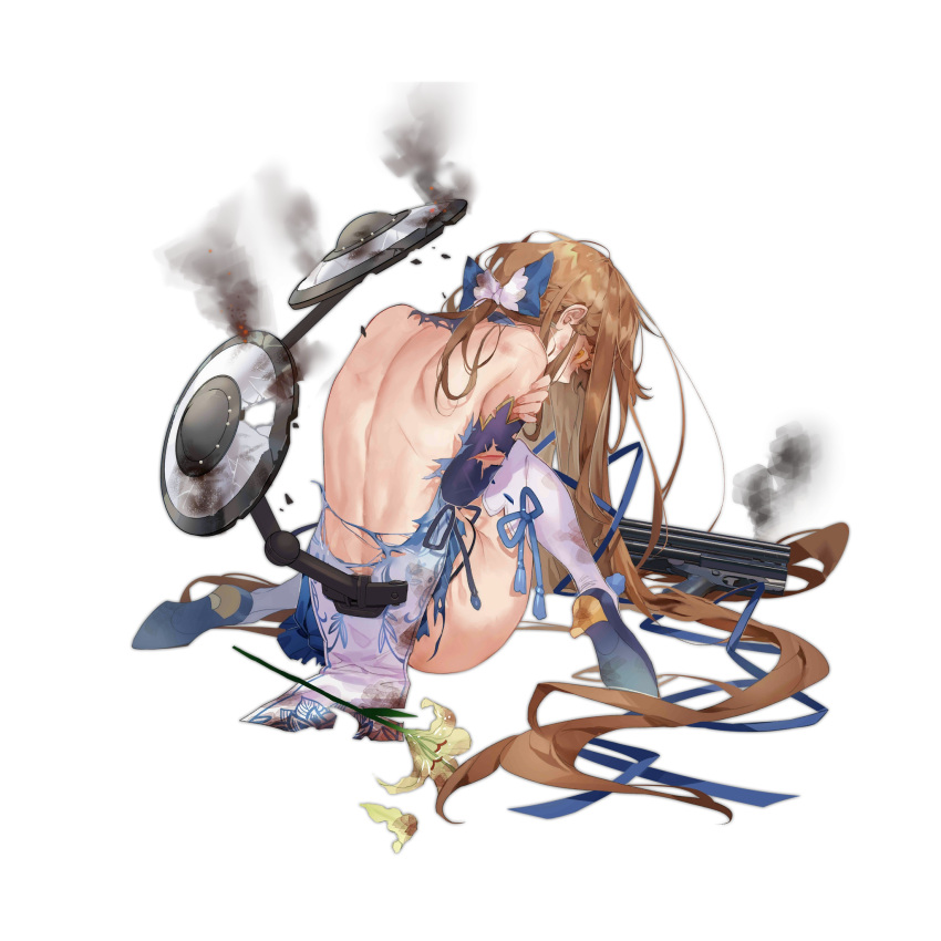 1girl bare_back brown_eyes brown_hair crossed_arms defender_(girls'_frontline) flower from_behind full_body girls_frontline glaring gun hair_ribbon high_heels highres long_hair looking_at_viewer looking_back official_alternate_costume official_art petals profile ribbon ribbon-trimmed_legwear ribbon_trim shield shotgun sitting solo thigh-highs torn_clothes transparent_background very_long_hair wariza weapon white_legwear zuizi