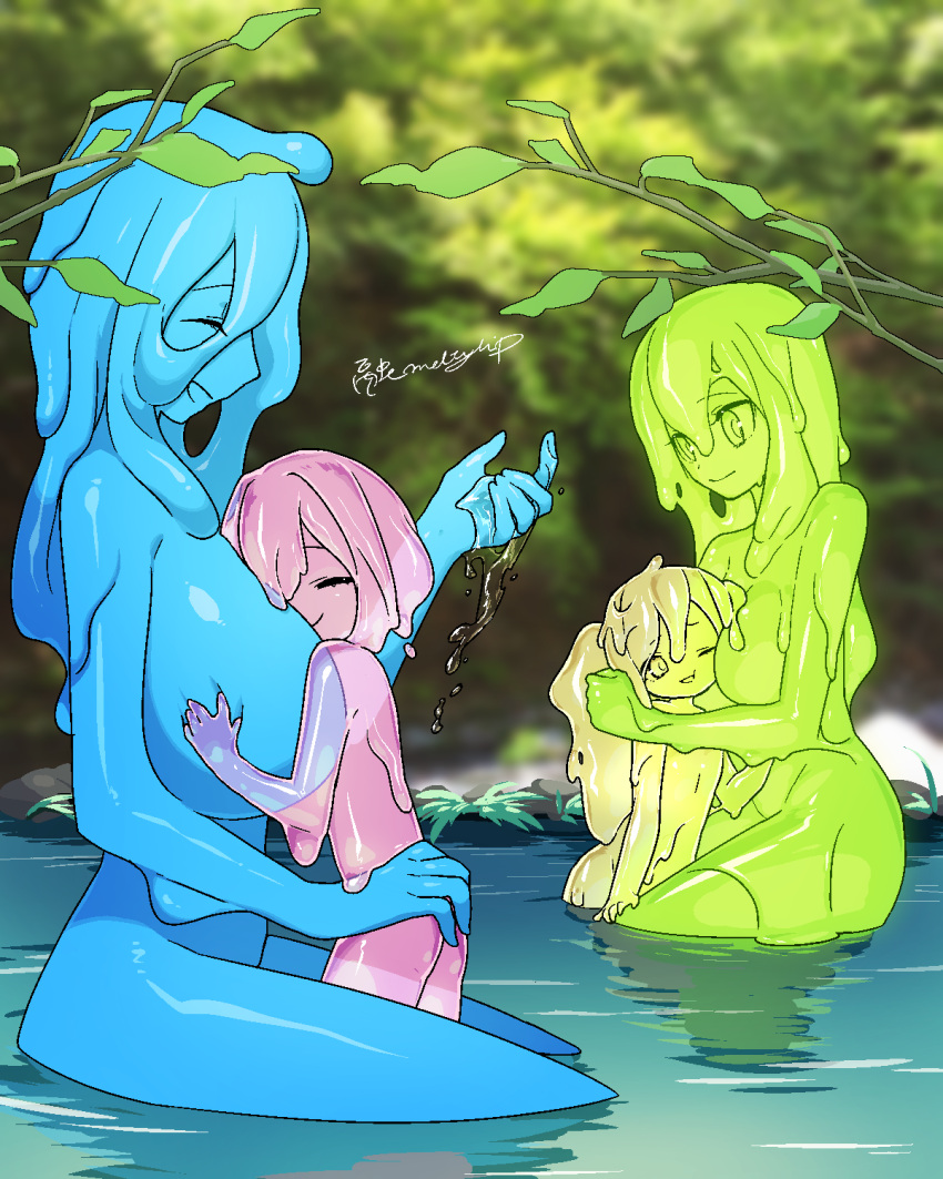 4girls :d akira_(meltyhip) bathing blue_hair blue_skin blurry blurry_background branch child closed_eyes closed_mouth colored_sclera colored_skin commission depth_of_field green_eyes green_hair green_sclera green_skin highres hug monster_girl multiple_girls original pink_hair pink_skin pixiv_request pond signature sitting slime_girl smile water yuri
