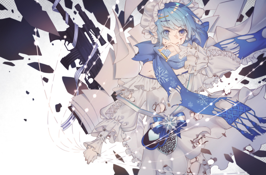 1girl ahoge bare_shoulders blood blue_eyes blue_hair blue_scarf cartridge commentary_request cuts dress eyebrows_visible_through_hair eyes_visible_through_hair frilled_dress frills girls_frontline gradient_eyes hair_ornament hairclip hat highres holding holding_string injury licking_lips mob_cap multicolored_eyes nail_polish off-shoulder_dress off_shoulder paper rabb_horn ribbon scarf scope short_hair snowflake_print solo string tongue tongue_out torn_clothes torn_dress torn_scarf white_dress white_hair yellow_eyes zas_m21_(girls'_frontline) zas_m21_(gunshot_in_the_snow)_(girls'_frontline) zastava_m21