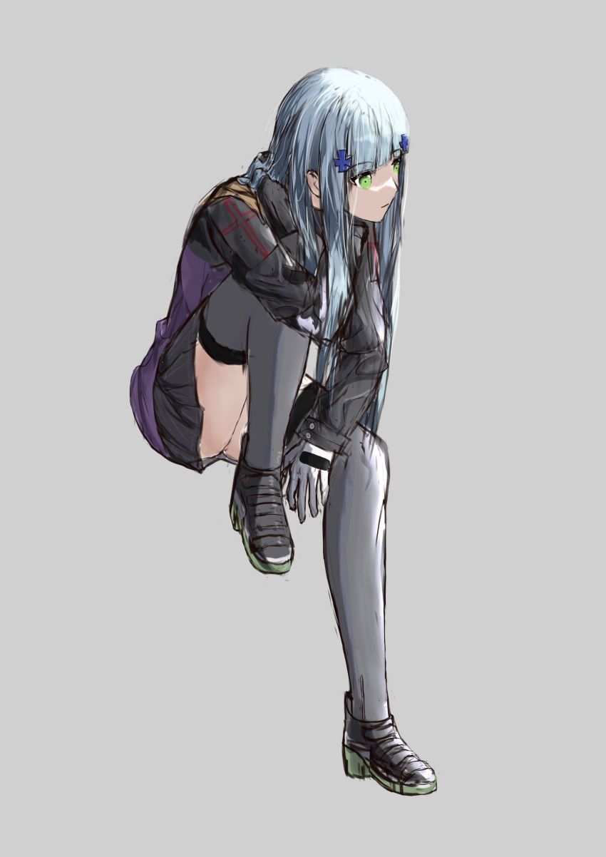 1girl absurdres arm_behind_head bangs black_footwear black_legwear black_skirt blue_hair closed_mouth expressionless eyebrows_visible_through_hair full_body girls_frontline gloves green_eyes grey_background hair_ornament hairclip highres hk416_(girls'_frontline) jacket long_hair looking_away shoes sitting skirt solo tactical_clothes thigh-highs wh1te white_gloves