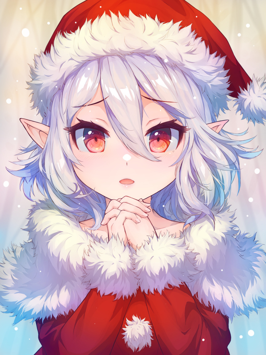 1girl breasts elf fur-trimmed_sleeves fur_trim hair_between_eyes hat highres kokkoro_(princess_connect!) long_sleeves looking_at_viewer merry_christmas open_mouth own_hands_together pointy_ears portrait princess_connect! red_eyes santa_costume santa_hat small_breasts solo white_hair yako_noir_(kei-ne)