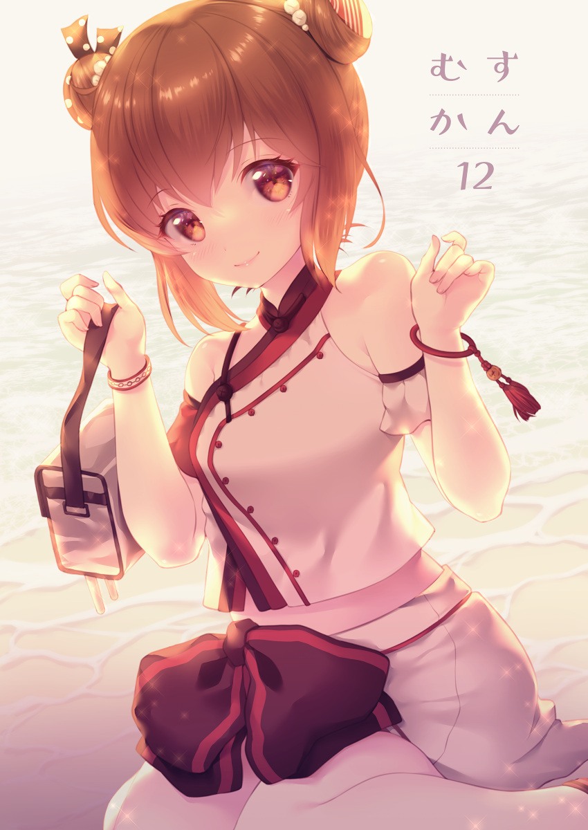 1girl absurdres bare_shoulders beach blush brown_eyes brown_hair closed_mouth cover cover_page double_bun eyebrows_visible_through_hair hair_between_eyes highres kantai_collection ocean official_alternate_costume shirt short_hair short_sleeves skirt smile solo tan_yang_(kancolle) tsukimochikuriko_(tsukimochi_k) white_shirt white_skirt yukikaze_(kancolle)