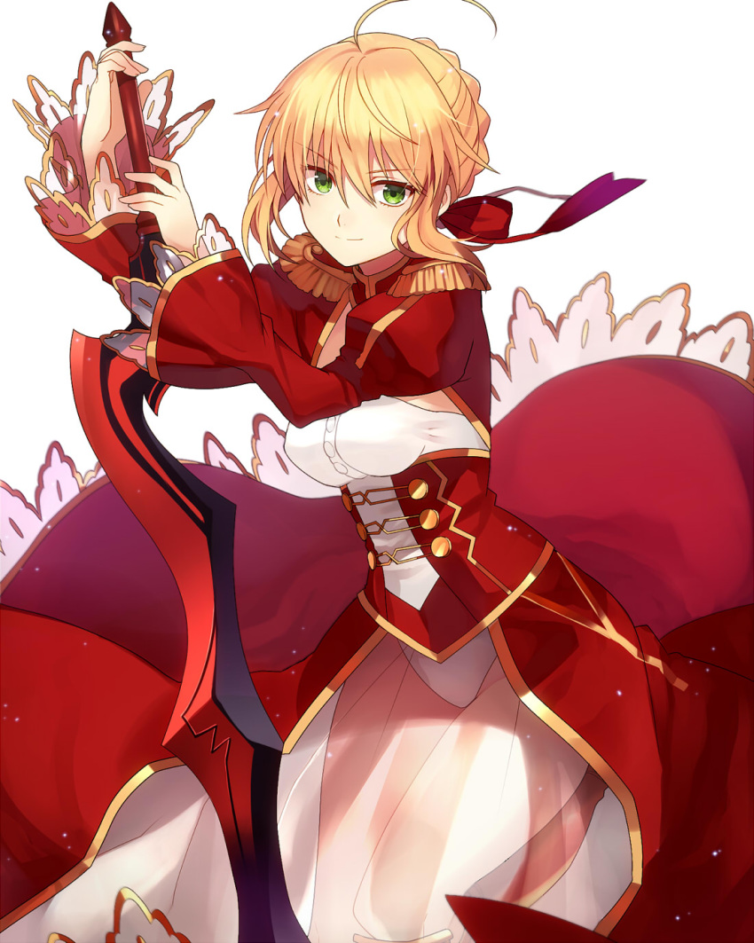 1girl aestus_estus ahoge blonde_hair braid breasts cleavage commentary_request dress epaulettes fate/extra fate_(series) french_braid green_eyes hair_intakes hair_ribbon imo-mai juliet_sleeves large_breasts long_sleeves nero_claudius_(fate) nero_claudius_(fate)_(all) open_mouth puffy_sleeves red_dress red_ribbon ribbon saber_extra see-through solo sword weapon wide_sleeves