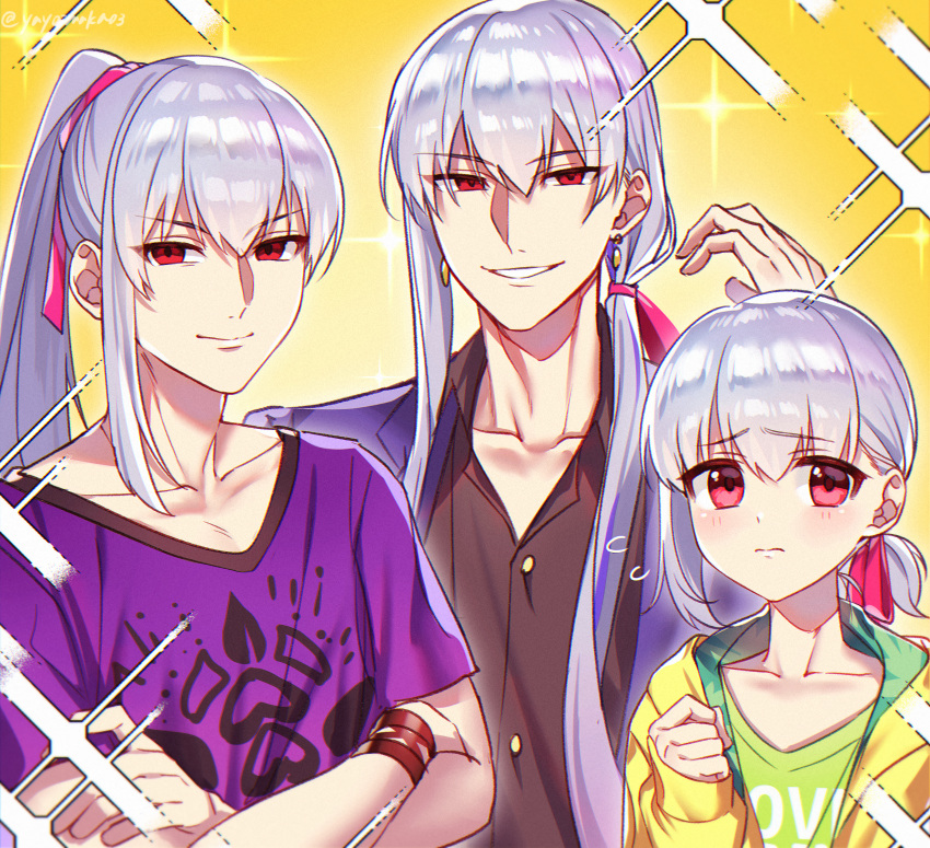 3boys bangs blush closed_mouth collarbone crossed_arms dress_shirt earrings fate/grand_order fate_(series) genderswap genderswap_(ftm) green_shirt grey_shirt grin hair_ribbon highres jacket jewelry kama_(fate) long_hair looking_at_viewer multiple_boys ponytail purple_jacket purple_shirt red_eyes ribbon shirt short_hair short_ponytail short_sleeves side_ponytail silver_hair smile sparkle yayoi_maka yellow_jacket