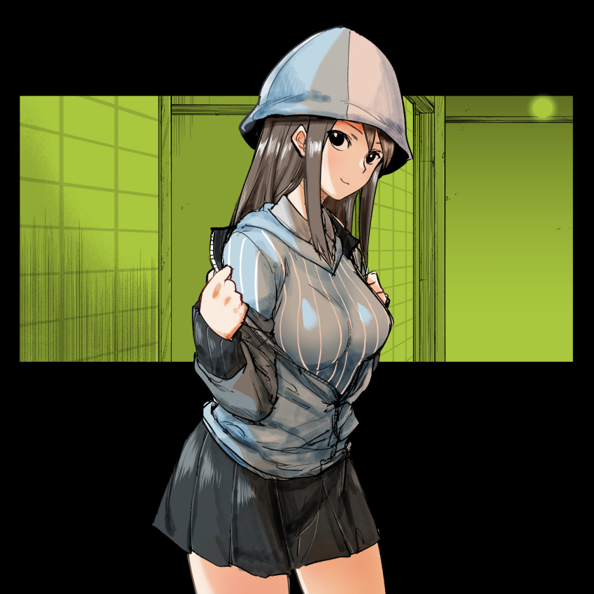 1girl akitakamika bangs black_eyes blue_headwear blue_jacket blue_skirt brown_hair closed_mouth commentary cowboy_shot dress_shirt girls_und_panzer grey_shirt hat highres jacket jacket_pull keizoku_military_uniform keizoku_school_uniform long_hair long_sleeves looking_at_viewer mika_(girls_und_panzer) military military_uniform miniskirt open_clothes open_jacket opened_by_self pleated_skirt pulled_by_self raglan_sleeves school_uniform shirt skirt smile solo standing striped striped_shirt track_jacket tulip_hat undressing uniform vertical-striped_shirt vertical_stripes