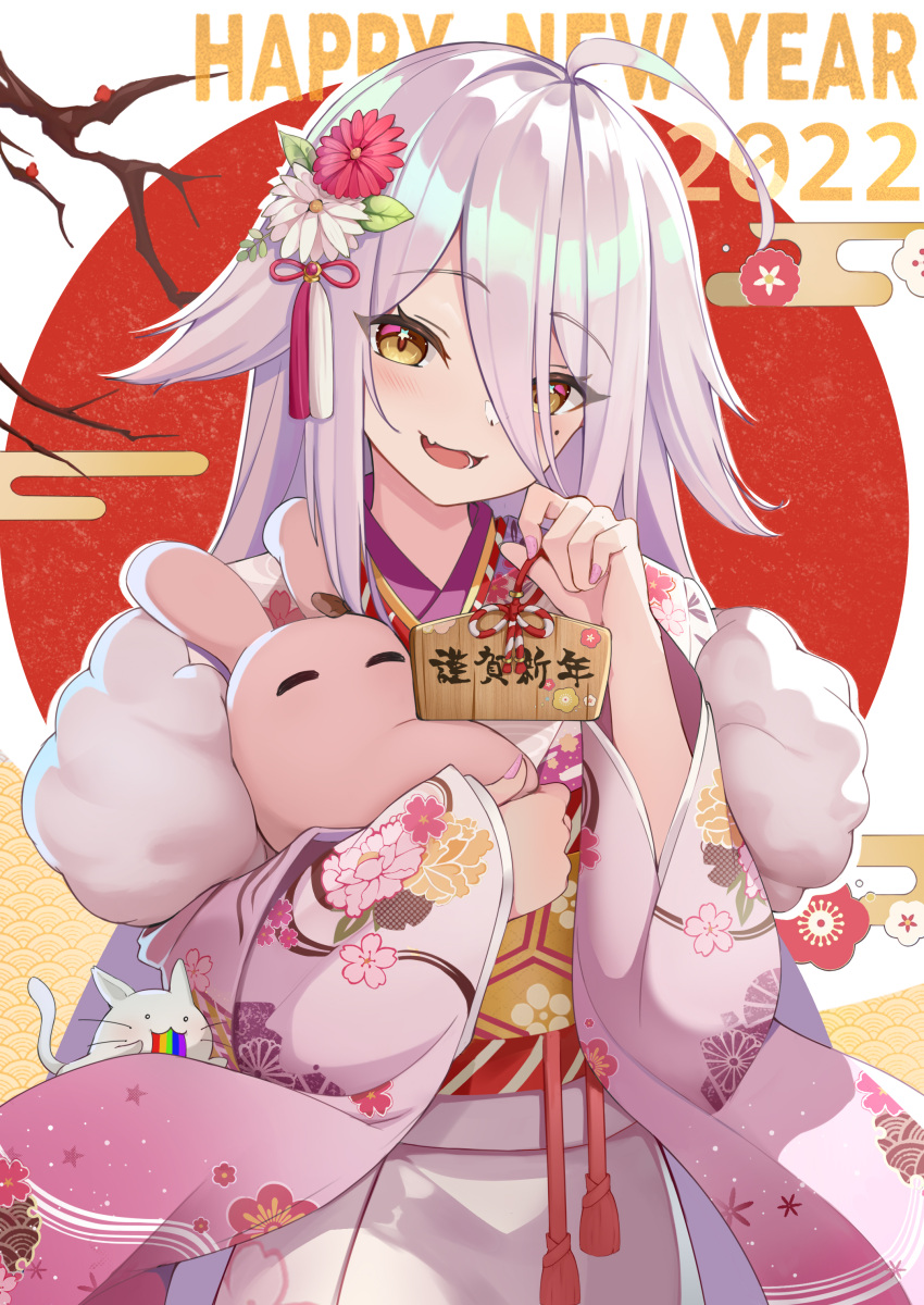 1girl absurdres amco bangs blush branch cat flower hair_flower hair_ornament happy_new_year highres holding japanese_clothes kimono long_hair looking_at_viewer mole mole_under_eye nail_polish new_year open_mouth rainbow sign smile solo standing stuffed_animal stuffed_toy upper_body virtual_youtuber yellow_eyes