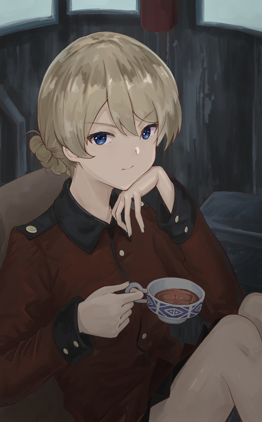 1girl black_skirt blonde_hair blue_eyes braid cup darjeeling_(girls_und_panzer) french_braid girls_und_panzer hair_between_eyes head_rest highres holding holding_cup jacket looking_at_viewer painterly red_jacket skirt smile solo st._gloriana's_military_uniform teacup thighs v-shaped_eyebrows yao_yang