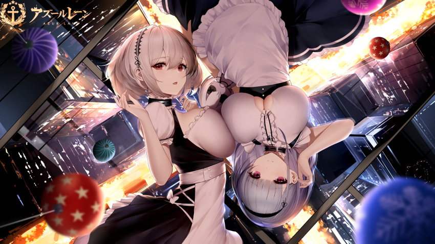2girls an_yasuri apron azur_lane banned_artist bare_arms bare_shoulders black_dress breast_press breasts building city cityscape clothing_cutout dido_(azur_lane) dress frilled_dress frills grey_hair hairband hand_up highres large_breasts long_hair looking_at_viewer maid maid_apron maid_headdress multiple_girls official_art open_mouth red_eyes short_hair short_sleeves sirius_(azur_lane) skindentation sleeveless sleeveless_dress smile symmetrical_docking under_boob underboob_cutout upside-down violet_eyes white_dress white_hair