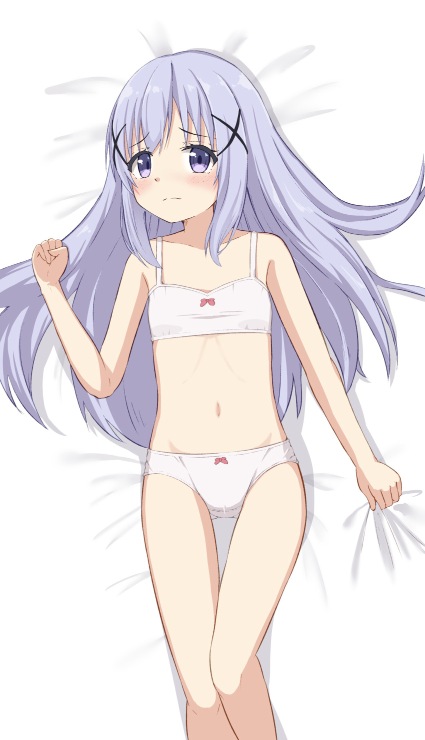 1girl absurdres ass_visible_through_thighs bare_arms bare_shoulders bed_sheet blue_hair blush bow bow_bra bow_panties bra closed_mouth commentary_request feet_out_of_frame gochuumon_wa_usagi_desu_ka? hair_ornament hand_up highres hippo_(hirople) kafuu_chino long_hair looking_at_viewer lying on_back panties sheet_grab solo thigh_gap training_bra underwear underwear_only very_long_hair violet_eyes white_bra white_panties x_hair_ornament