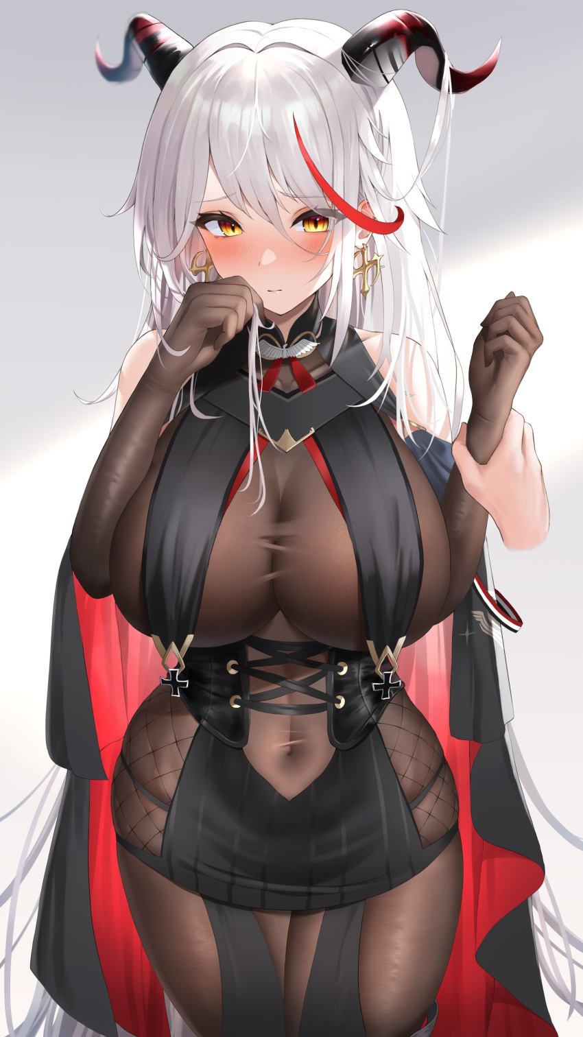 1girl absurdres aegir_(azur_lane) azur_lane bangs bare_shoulders black_gloves blush bodysuit breasts closed_mouth covered_navel cowboy_shot earrings elbow_gloves eyebrows_visible_through_hair futon_fly_away gloves grey_background hands_up highres holding_another's_wrist horns jewelry large_breasts long_hair looking_at_viewer multicolored_hair redhead silver_hair solo_focus streaked_hair thighs yellow_eyes