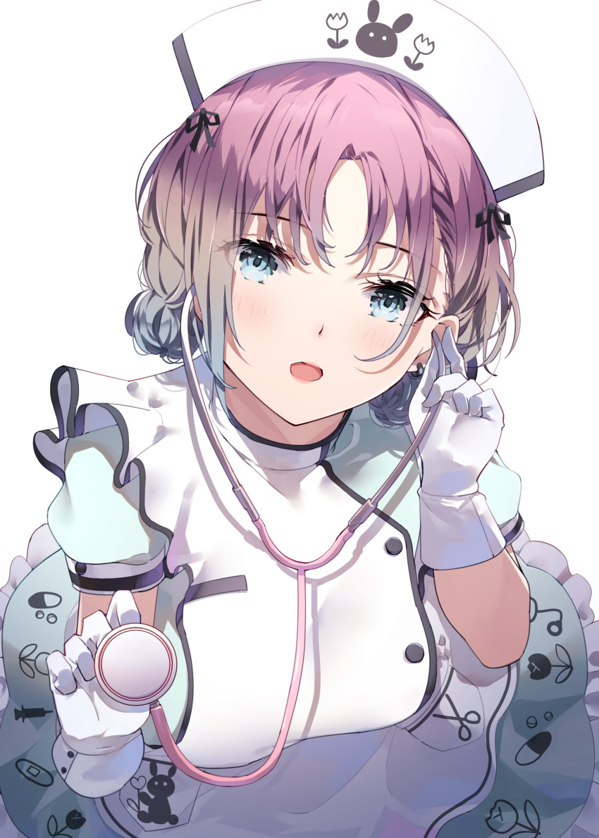 1girl absurdres asakura_tooru brown_hair commentary_request earrings gloves gradient_hair green_eyes hair_ribbon hat highres idolmaster idolmaster_shiny_colors jewelry looking_at_viewer multicolored_hair nurse nurse_cap open_mouth puffy_short_sleeves puffy_sleeves puni_(punycolors) ribbon short_hair short_sleeves solo stethoscope tied_hair white_background white_gloves