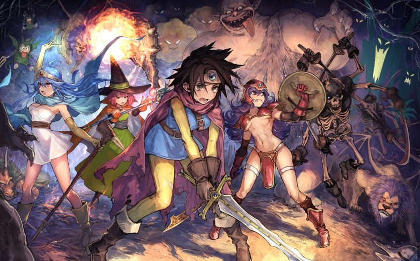 4girls androgynous arm_up armor artist_name battle bikini bikini_armor blue_hair blue_tabard bodysuit boots breasts brown_hair cape circlet clenched_teeth commentary_request dragon_quest dragon_quest_iii dress elbow_gloves fireball gender_request genderswap gloves green_eyes hair_between_eyes hat headgear helmet highres large_breasts long_hair mage_(dq3) mephist mitre monster multiple_girls navel orange_bodysuit orange_cape orange_gloves pink_eyes pink_hair purple_hair red_armor roto sage_(dq3) shield short_hair skeleton soldier_(dq3) staff standing sweat swimsuit sword teeth tiara under_boob warrior weapon weibo_username winged_helmet witch witch_hat wizard yellow_gloves