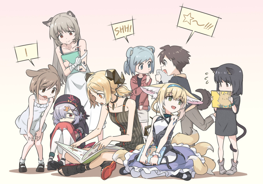 ! 1boy 6+girls animal_ear_fluff animal_ears anklet arknights bandaged_hand bandages bangs bare_shoulders beanie bear_ears bear_girl bear_tail black_dress black_footwear black_headwear black_shirt blonde_hair blue_eyes blue_hair blue_hairband blush book bracelet brown_eyes brown_footwear brown_hair brown_pants bunny_hair_ornament cat_ears cat_girl cat_tail child closed_mouth coat collarbone corset dog_boy dog_ears dog_tail dress eyebrows_visible_through_hair eyepatch finger_to_mouth flying_sweatdrops fox_ears fox_girl fox_tail frilled_skirt frills gradient gradient_background green_eyes hair_ornament hair_over_one_eye hairband hat highres holding holding_book horns ifrit_(arknights) jacket jewelry leaning_forward liang_chan_xing_make_tu long_hair low_twintails mary_janes multiple_girls multiple_tails open_clothes open_coat open_jacket orange_eyes oripathy_lesion_(arknights) pants pantyhose picture_(object) picture_book pigeon-toed pink_background ponytail popukar_(arknights) purple_hair purple_skirt rabbit_ears rabbit_girl reading red_eyes red_jacket scrunchie shirt shoes short_hair short_ponytail shorts shushing sidelocks silver_hair sitting skirt sleeveless sleeveless_dress smile speech_bubble spoken_exclamation_mark standing star_(symbol) striped striped_dress stuffed_animal stuffed_bunny stuffed_toy sundress suzuran_(arknights) tail thigh-highs toeless_footwear twintails vertical-striped_dress vertical_stripes wariza white_dress white_hair white_legwear white_shorts wrist_scrunchie