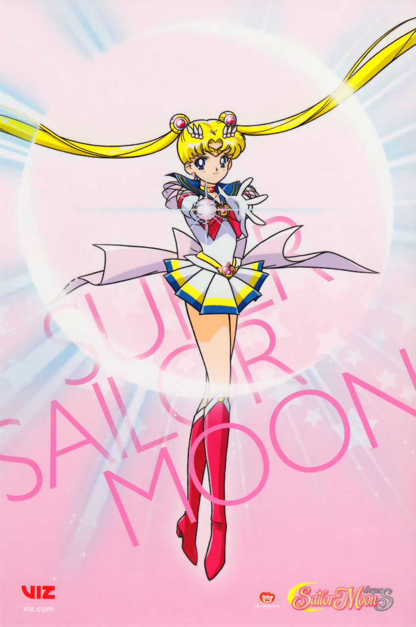 1990s_(style) 1girl back_bow bishoujo_senshi_sailor_moon blonde_hair blue_eyes blue_sailor_collar boots bow character_name copyright_name double_bun elbow_gloves floating_hair full_body gloves hair_ornament highres holding holding_weapon knee_boots leotard logo long_hair looking_at_viewer magical_girl miniskirt multicolored_clothes multicolored_skirt official_art outstretched_arm pink_background pink_footwear pleated_skirt retro_artstyle sailor_collar sailor_moon skirt solo special_moves starry_background super_sailor_moon tsukino_usagi twintails very_long_hair weapon