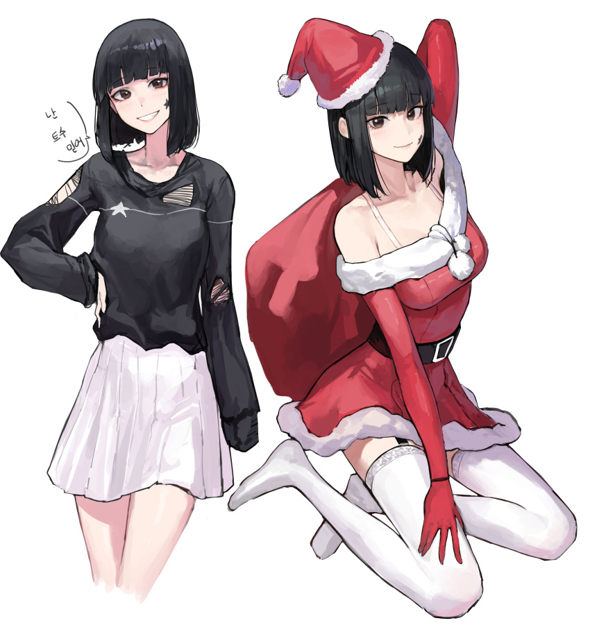 1girl :d absurdres arm_up bangs bare_shoulders black_hair black_sweater blunt_bangs bra_strap breasts brown_eyes closed_mouth collarbone cropped_legs dress elbow_gloves eyebrows_visible_through_hair facial_mark garter_straps gloves grin hand_on_hip highres holding holding_sack korean_text looking_at_viewer mac_star medium_breasts medium_skirt multiple_views no_shoes off-shoulder_dress off_shoulder original parted_lips pleated_skirt red_dress red_gloves sack santa_costume santa_dress short_hair simple_background sitting skirt smile speech_bubble star_(symbol) sweater teeth thigh-highs torn_sweater translation_request white_background white_legwear white_skirt