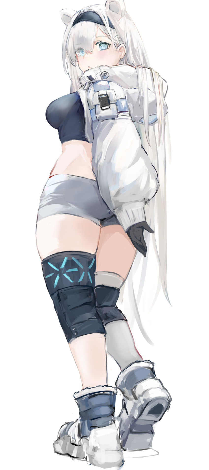 1girl absurdres animal_ears arknights ass aurora_(arknights) bear_ears black_gloves black_shirt blue_eyes boots breasts crop_top cropped_jacket from_behind full_body gloves gnai grey_shorts hairband highres hood hood_down infection_monitor_(arknights) jacket large_breasts long_hair long_sleeves looking_at_viewer looking_back midriff open_clothes open_jacket puffy_sleeves shirt short_shorts shorts single_thighhigh solo standing thigh-highs thighs very_long_hair white_footwear white_hair white_jacket white_legwear