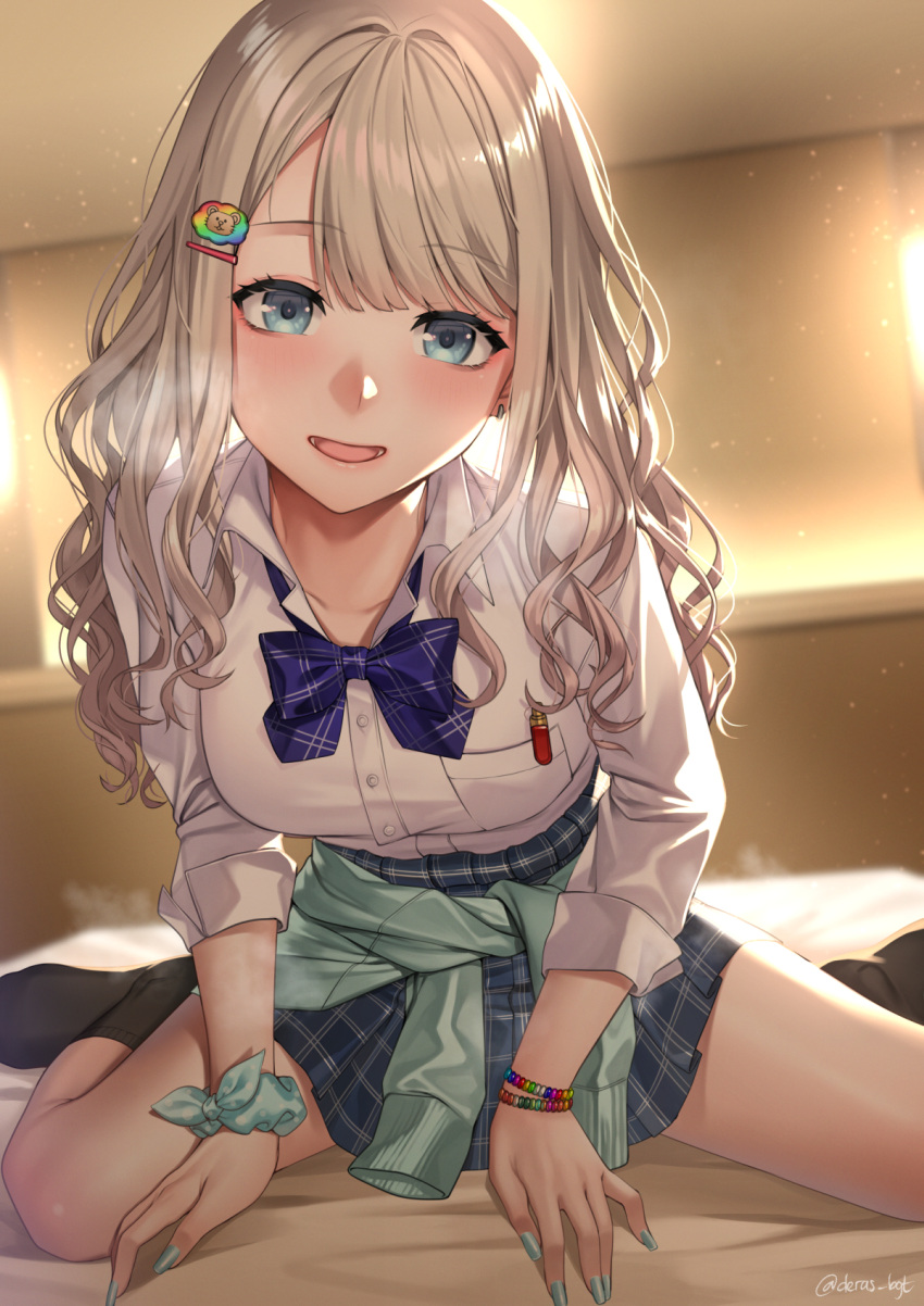 1girl bangs blue_eyes blush bow bracelet breasts clothes_around_waist deras eyebrows_visible_through_hair highres idolmaster idolmaster_shiny_colors jewelry large_breasts looking_at_viewer nail_polish open_mouth serizawa_asahi shirt sitting skirt solo spread_legs sweater sweater_around_waist white_shirt