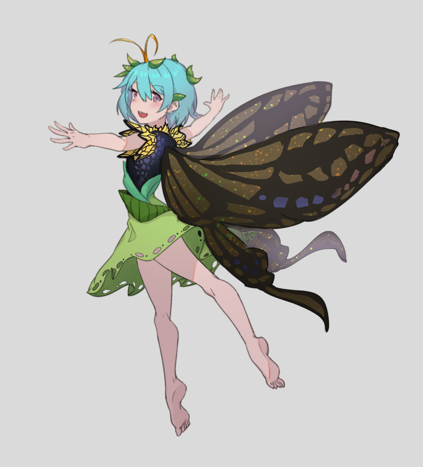 1girl antennae aqua_hair bad_id bad_pixiv_id barefoot blush butterfly_wings dress eternity_larva eyebrows_visible_through_hair fairy full_body green_dress grey_background hair_between_eyes highres leaf leaf_on_head multicolored_clothes multicolored_dress open_mouth shashiki short_hair short_sleeves simple_background single_strap smile solo third-party_source touhou violet_eyes wings