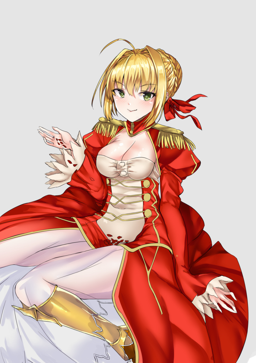 1girl aestus_estus ahoge blonde_hair braid breasts cleavage commentary_request dress epaulettes fate/extra fate_(series) french_braid green_eyes hair_intakes hair_ribbon juliet_sleeves large_breasts long_sleeves nero_claudius_(fate) nero_claudius_(fate)_(all) open_mouth puffy_sleeves red_dress red_ribbon ribbon saber_extra see-through setu solo wide_sleeves