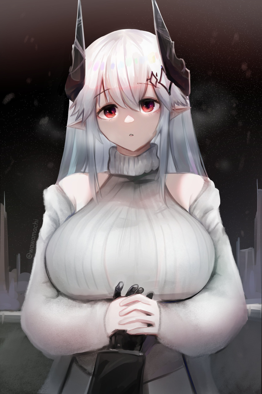 1girl absurdres alternate_costume arknights bangs black_gloves breasts breath cold detached_sleeves eyebrows_visible_through_hair gloves highres holding_hands horns large_breasts light_particles long_hair long_sleeves looking_at_viewer mudrock_(arknights) night night_sky own_hands_together parted_lips pointy_ears pov puffy_long_sleeves puffy_sleeves red_eyes sidelocks silver_hair sky solo sweater twitter_username upper_body very_long_hair wawamachi_(wawamachis) white_sweater