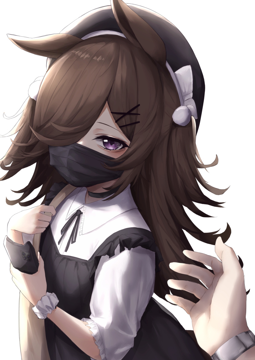 1girl 1other absurdres alternate_costume animal_ears beret brown_hair cellphone commentary_request dress hair_ornament hair_over_one_eye hairclip hat highres hinamayo horse_ears horse_girl long_hair looking_at_viewer mask mouth_mask phone pinafore_dress pov pov_hands rice_shower_(umamusume) scrunchie solo_focus umamusume upper_body violet_eyes watch watch wrist_scrunchie x_hair_ornament