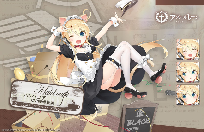 1girl :d ;d ^_^ ahoge albacore_(azur_lane) animal_ears arms_up azur_lane bangs between_legs black_dress black_footwear black_hairband blonde_hair blue_eyes blush bow box breasts cardboard_box cat_ears cat_girl cat_tail chestnut_mouth closed_eyes collar commentary_request dress expressions eyebrows_visible_through_hair frilled_hairband frilled_legwear frills garter_straps hair_between_eyes hairband hat hat_removed headwear_removed kani_biimu long_hair official_alternate_costume official_art one_eye_closed peaked_cap puffy_short_sleeves puffy_sleeves red_collar shoes short_sleeves small_breasts smile star_(symbol) star_in_eye symbol_in_eye tail tail_between_legs tail_bow tail_ornament thigh-highs torpedo translation_request very_long_hair white_bow white_headwear white_legwear wrist_cuffs
